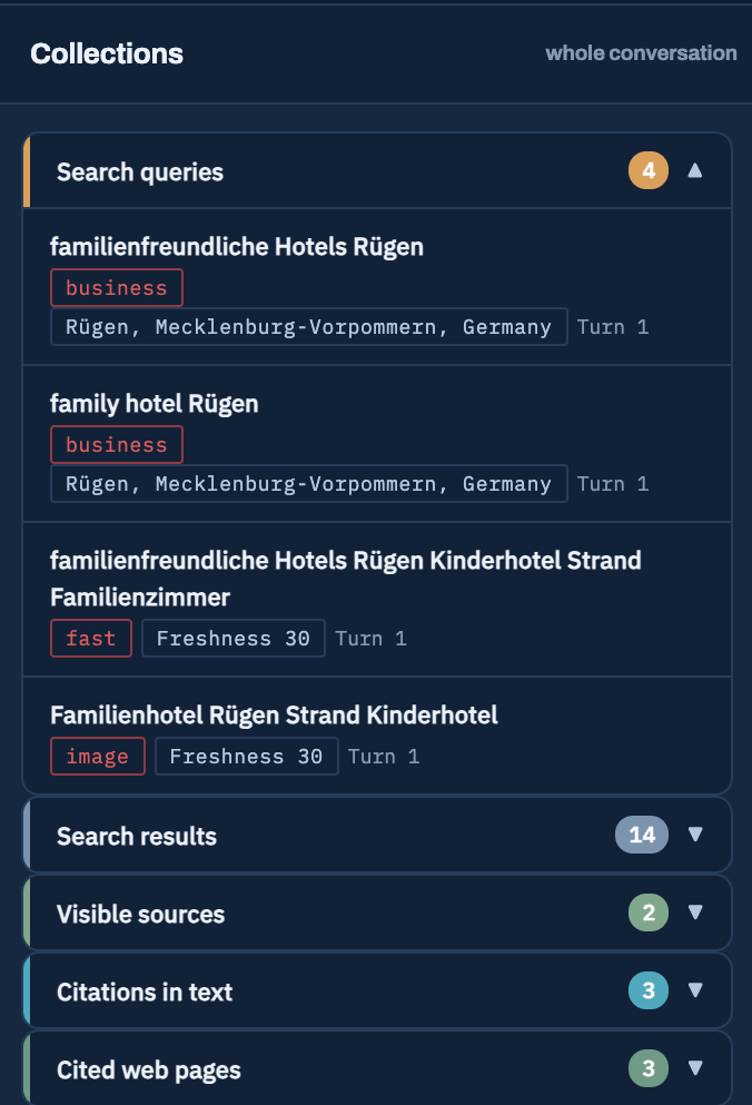 GPTSpy-Auswertung der Rügen-Frage: vier Suchanfragen mit den Typen business, fast und image, darunter 14 Suchergebnisse, 2 sichtbare Quellen, 3 Zitate im Text und 3 zitierte Webseiten