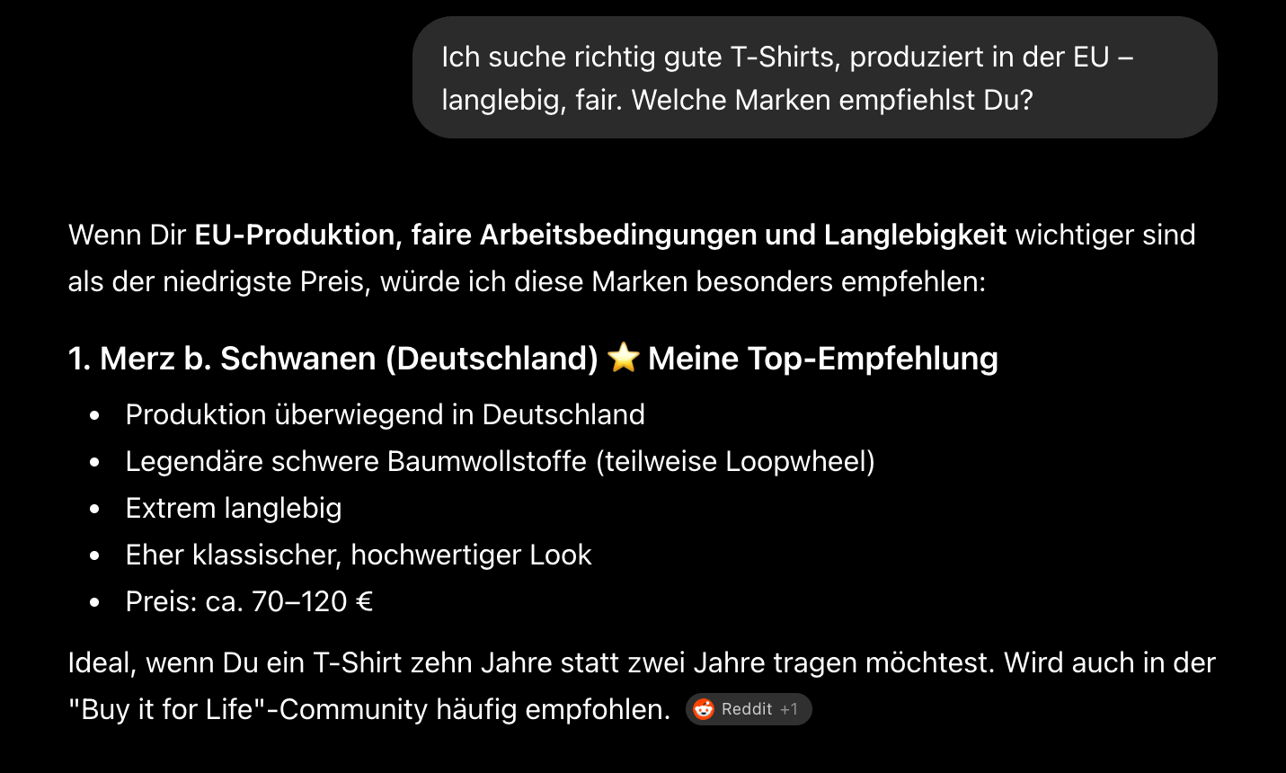 ChatGPT-Antwort auf die Frage nach guten T-Shirts aus EU-Produktion – Merz b. Schwanen steht als Top-Empfehlung auf Platz 1