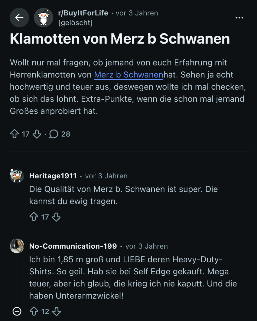 Reddit-Thread in r/BuyItForLife, in dem die Community Merz b. Schwanen empfiehlt