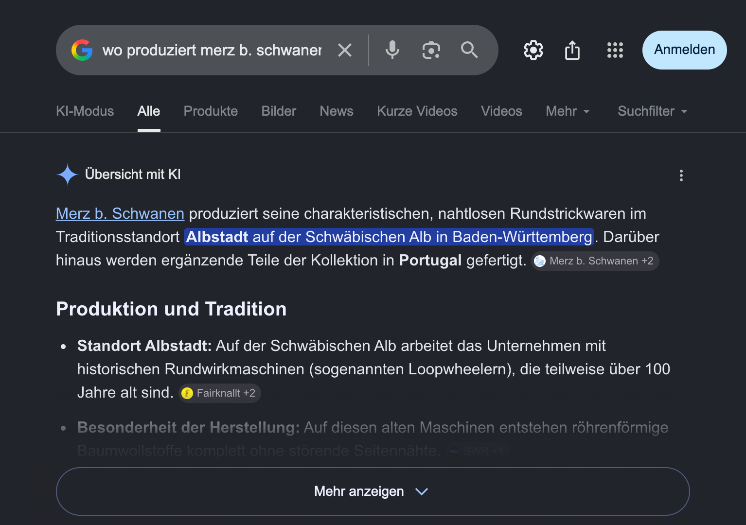 Google-Suchergebnis zur Frage „wo produziert merz b. schwanen“ – die KI-Übersicht beantwortet sie direkt im Suchergebnis